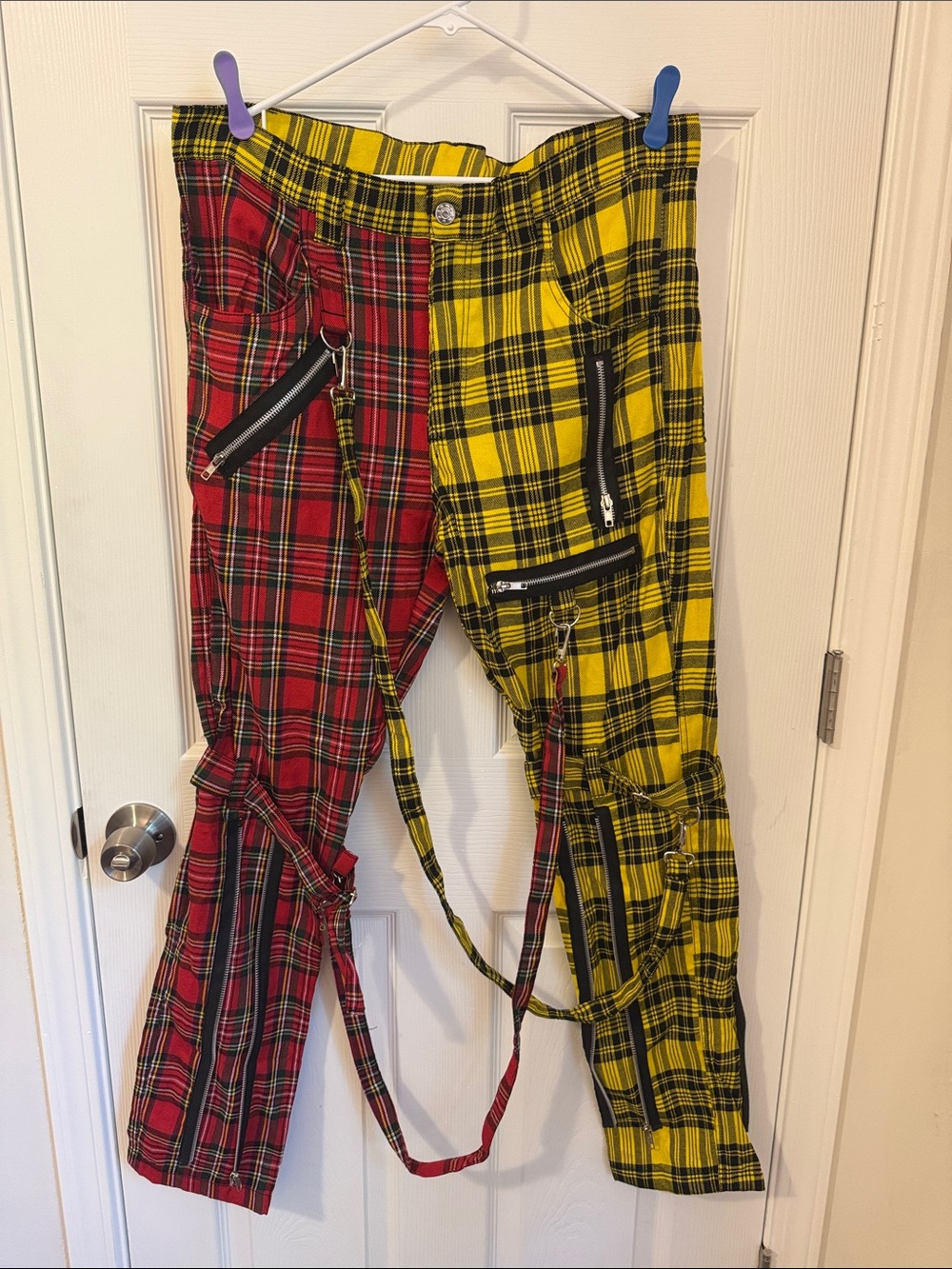 Kids Two-Tone Plaid Buckle Pants - Red & Yellow